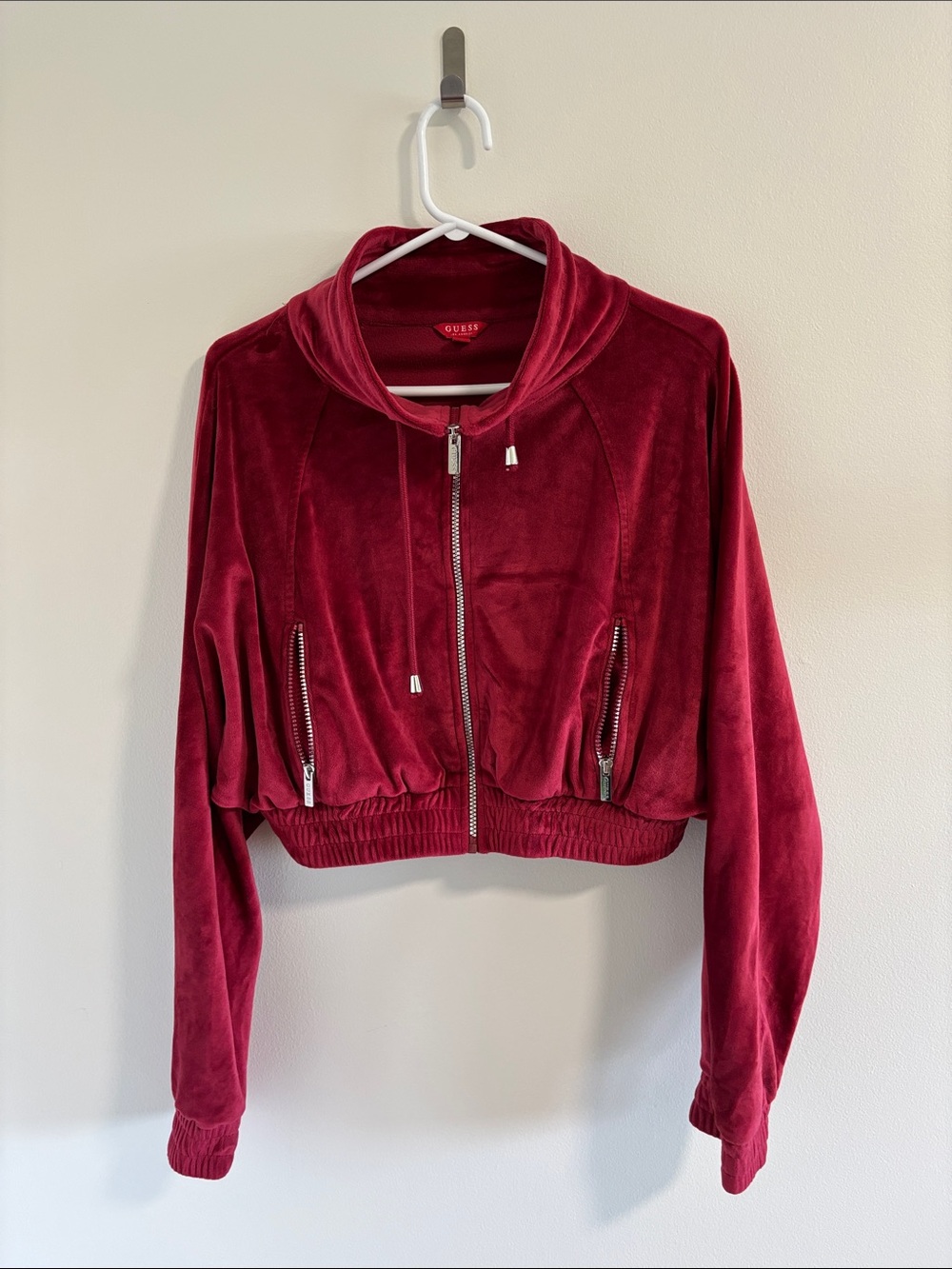 GUESS Women's Burgundy Velour Zip Hoodie Bomber Jacket Women’s Size S